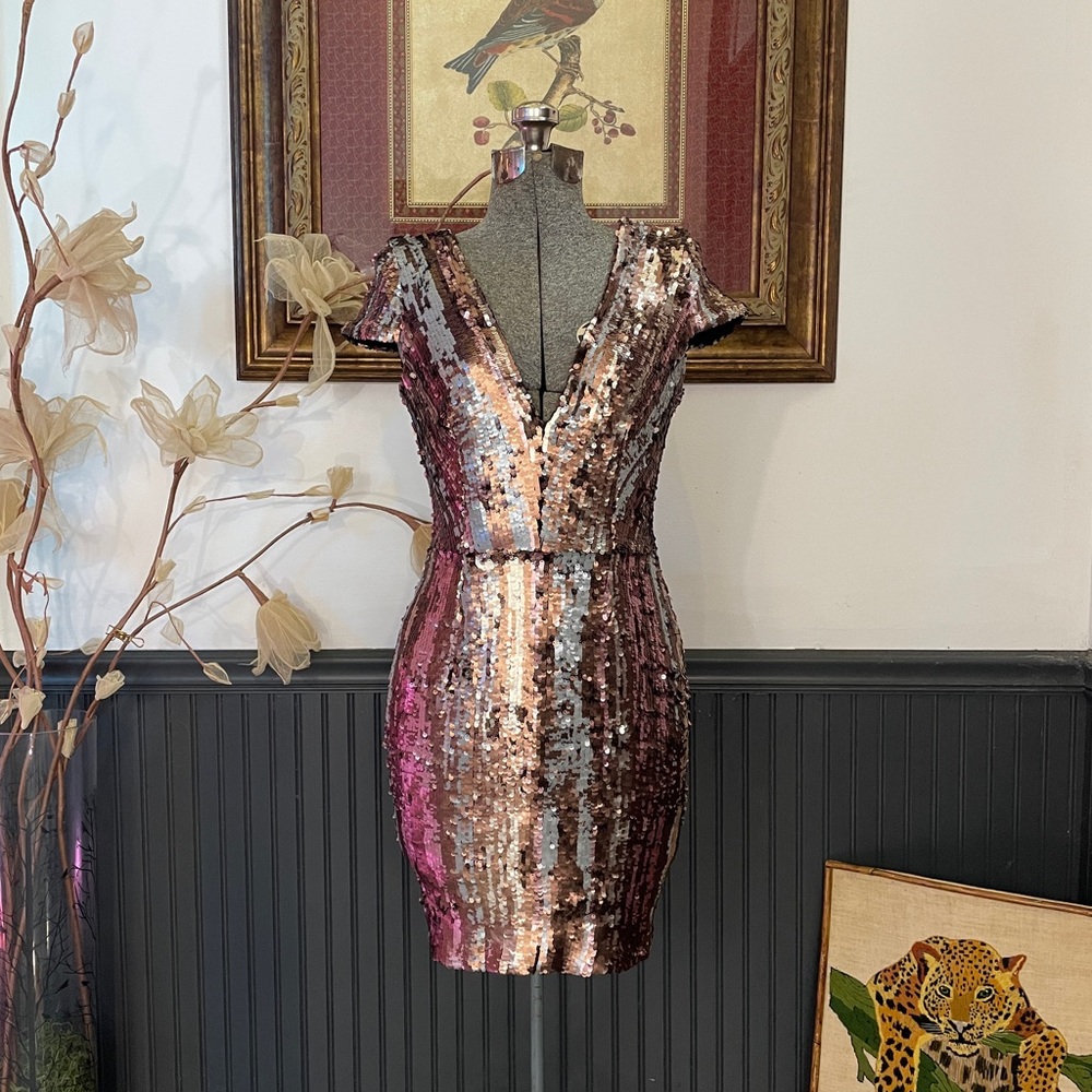 Dress the Population Zoe Dimensional Sequin Plunge Mini Dress Sz S 🧡🎀 - Picture 2 of 13